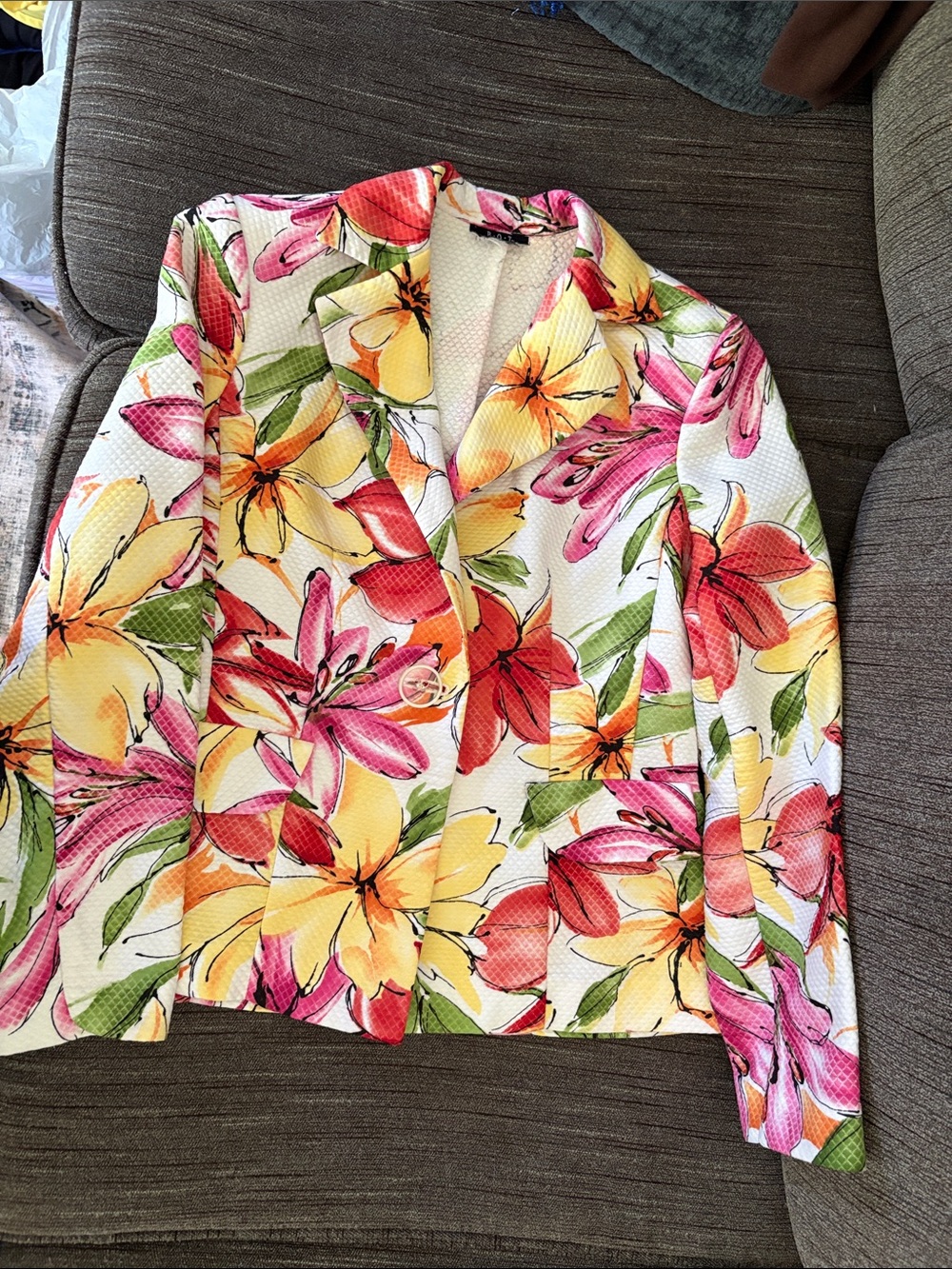 Floral Single-Button Women's Blazer in White with Pink, Yellow & Green